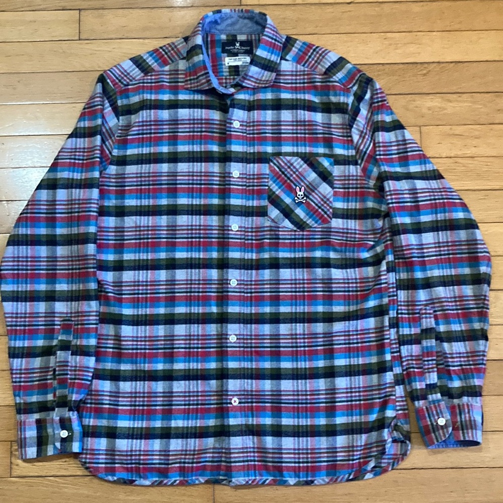 Psycho Bunny Men’s Button Up Plaid Flannel Pima Cotton Shirt Sz Medium